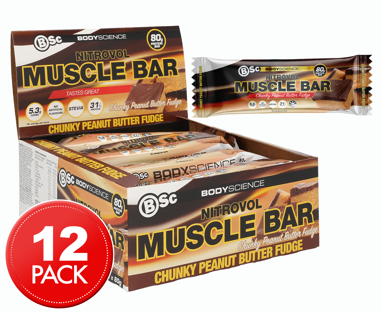 12 X BSc NitroVol Muscle Protein Bar Peanut Butter Fudge 80g Catch Au