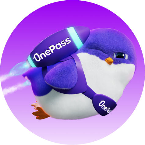 OnePass mascot flying with its jetpack and winking