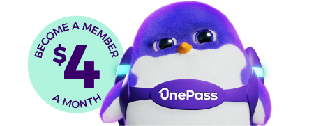 OnePass mascot looking straight at you with a badge showing membership pricing behind it.