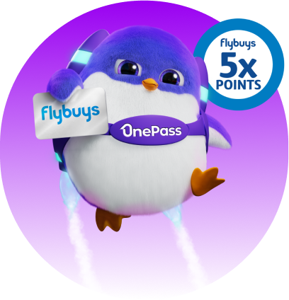 OnePass mascot holding Flybuys card with a badge that says 5x Flybuys points behind it