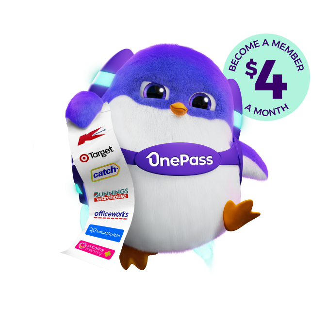 OnePass mascot holding list of OnePass stores with a badge showing OnePass monthly price of $4/month