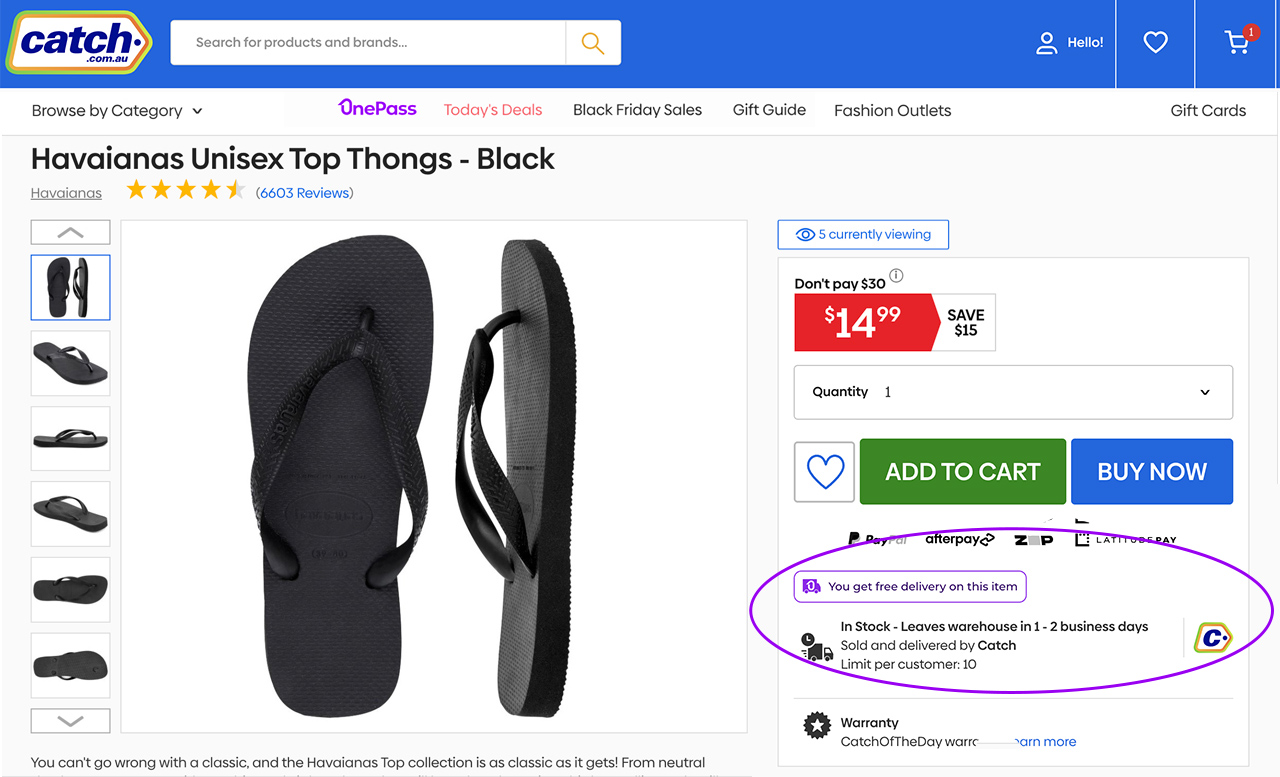 Image of Catch Product Page highlighting the item is sold and delivered by Catch