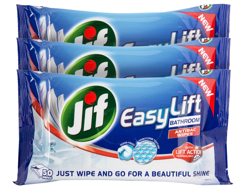 3 x Jif EasyLift Antibacterial Bathroom Wipes Ocean Fresh 50pk