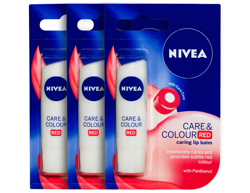 3 x Nivea Care & Colour Lip Balm 4.8g - Red