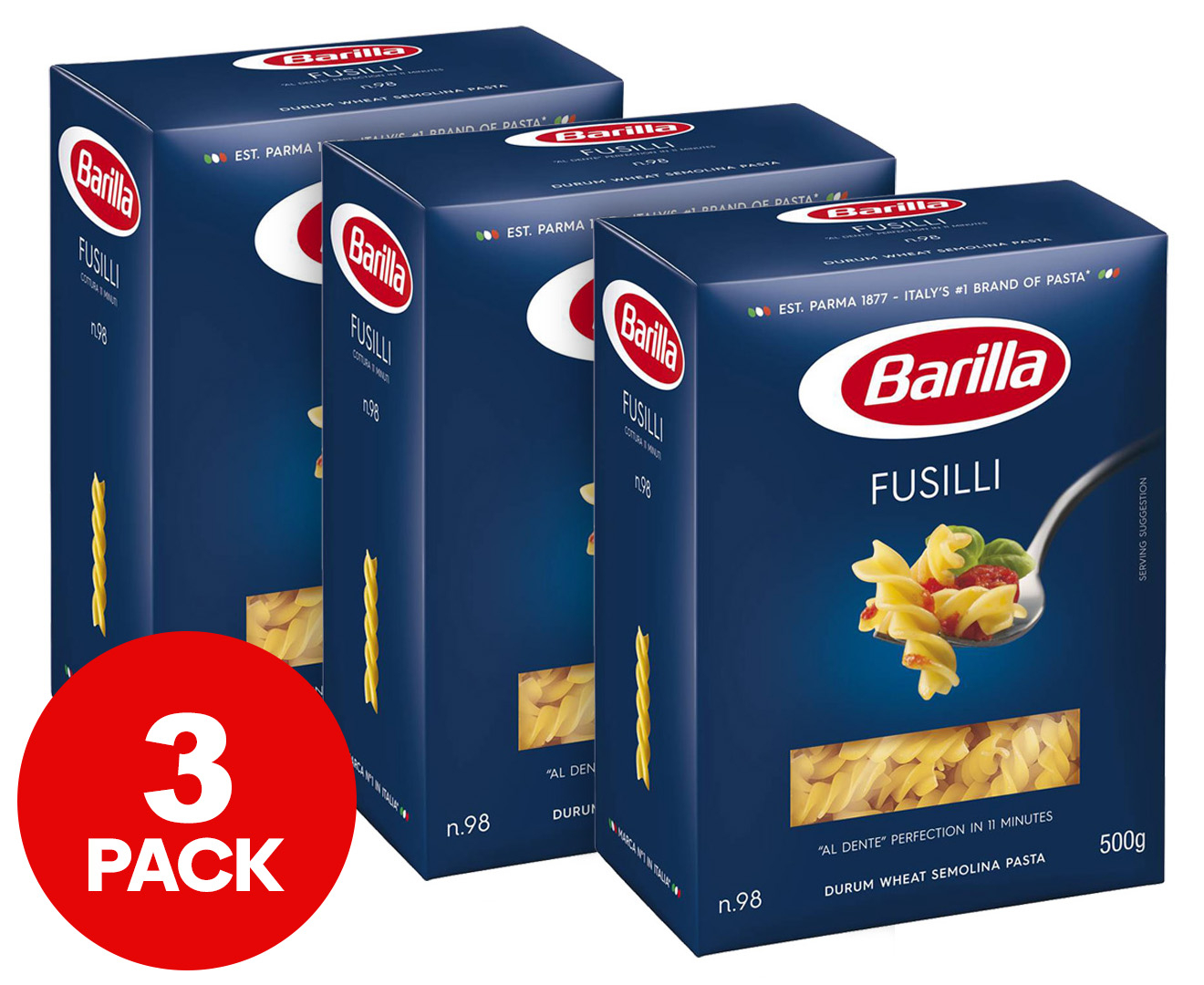 3 x Barilla Fusilli Pasta 500g 