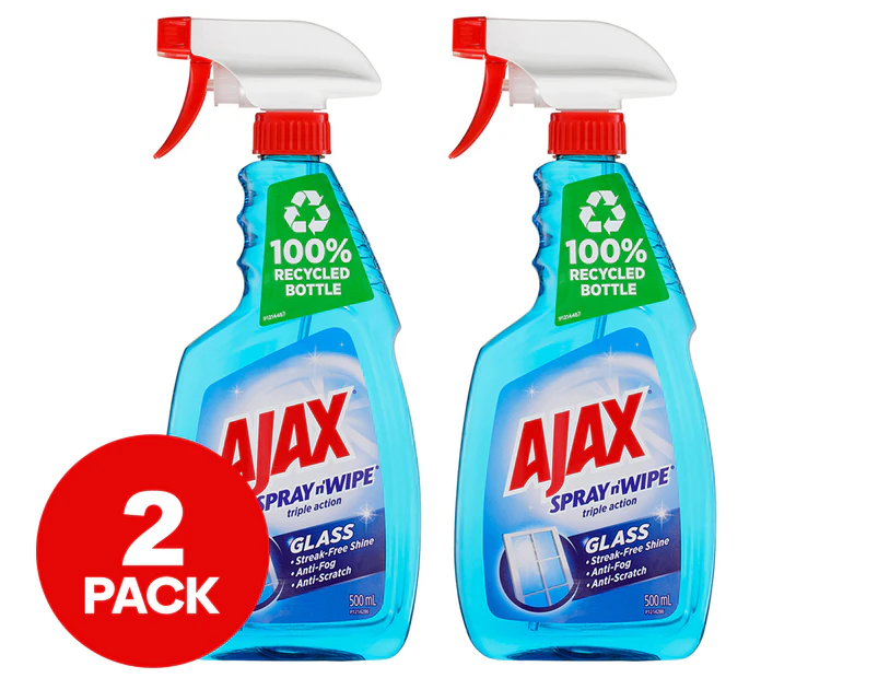 2 x 500mL Ajax Spray n' Wipe Triple Action Glass Cleaner