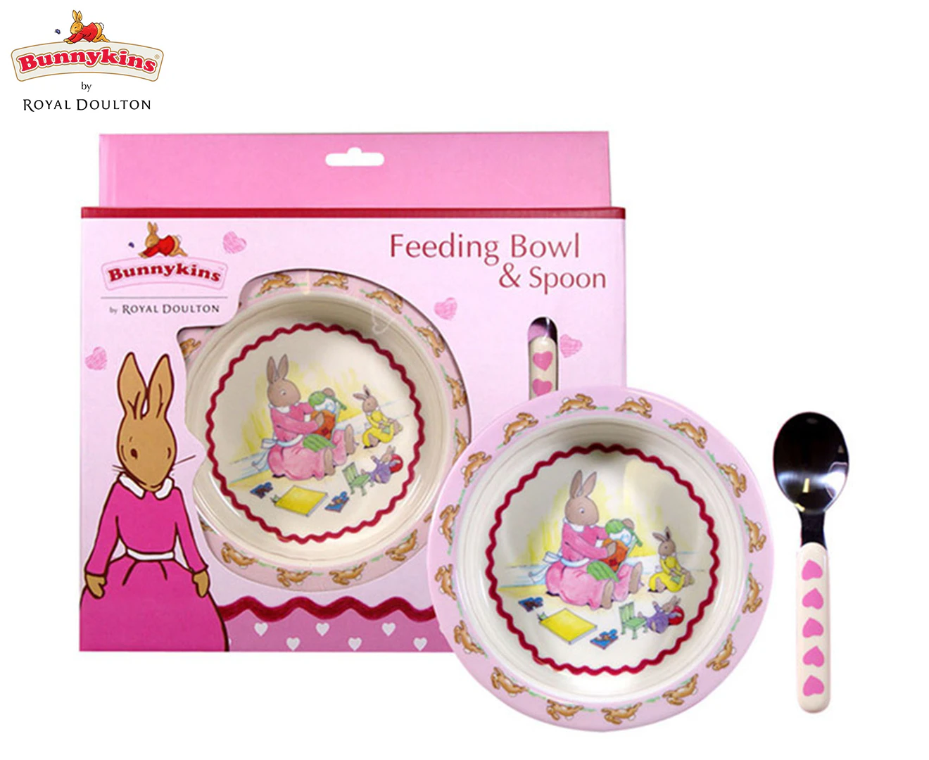 Bunnykins Feeding Bowl & Spoon Sweethearts Design Nursery Food Dinner 18M+ Pink