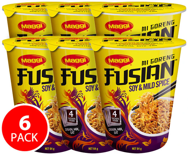 6x Maggi Fusian Noodles Soy & Mild Spice Cups 64g