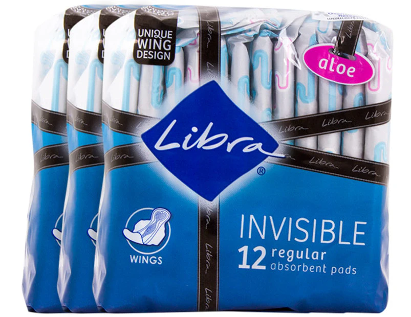 3 x Libra Invisible Aloe Pads With Wings Regular 12pk
