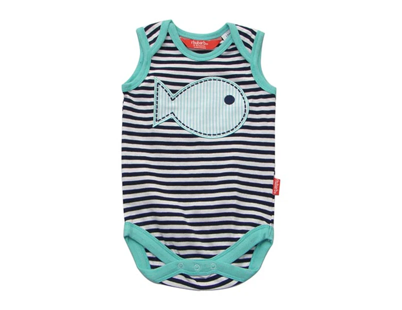 Preview image Rhubarb Baby Boys Sea Fish Singlet Bodysuit - Navy Stripe