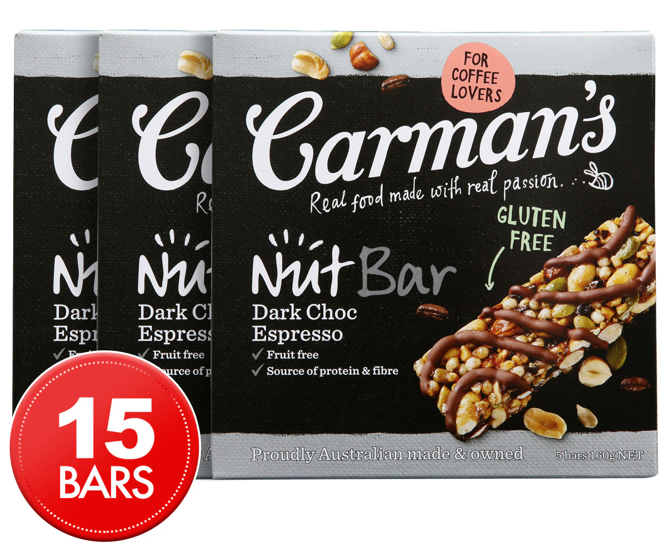 3 x Carman's Nut Dark Choc Espresso Bars 160g 5pk