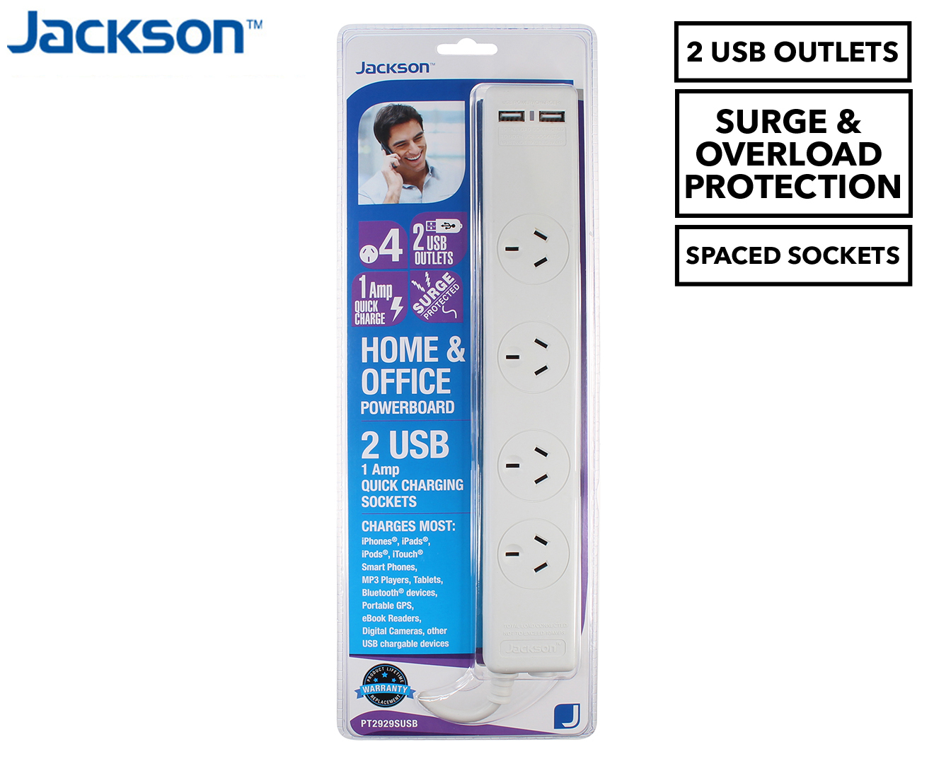 Jackson 4-Outlet Surge Protected Powerboard W/ 2 X USB Ports | Catch.co.nz