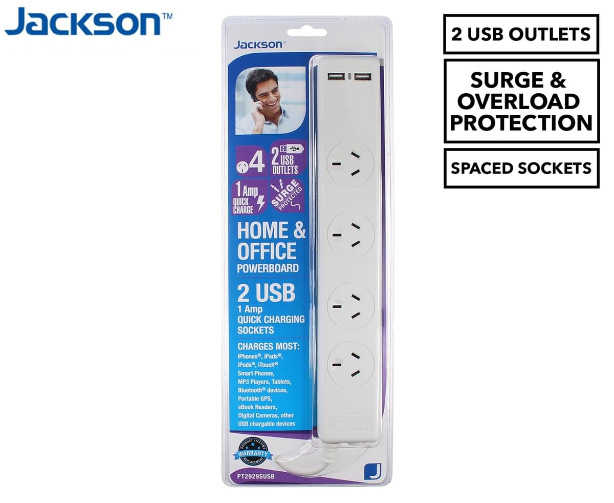 Jackson 4-Outlet Surge Protected Powerboard W/ 2 x USB Ports | Catch.co.nz