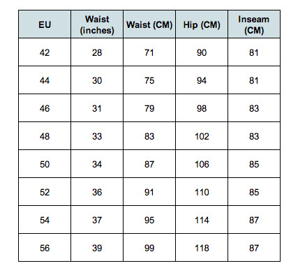 Benetton Pants Size Chart