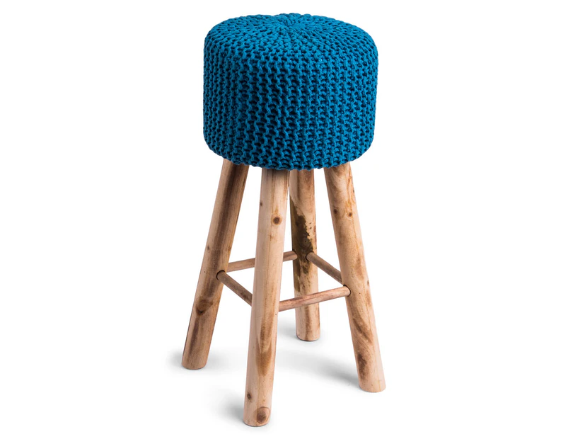 Wooden Bar Stool with Knitted Finish - Aqua