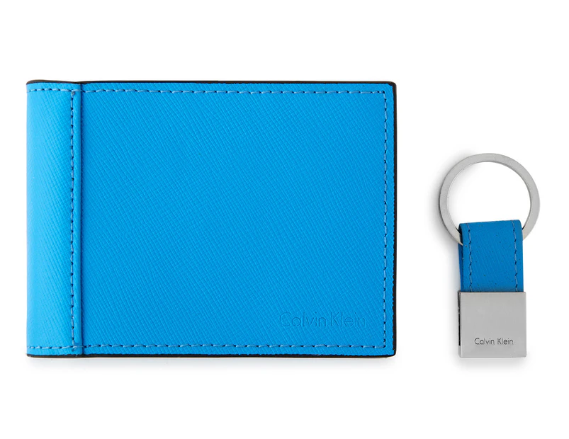 CK Men's Leather Credit Card Fold w/ Metal Clip - Sky Blue