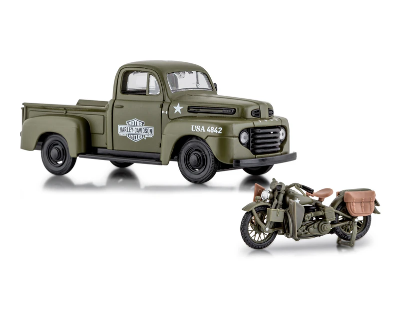 Maisto 1948 Ford F-1 Pickup & 1942 WLA Flathead Harley-Davidson Model Set - Army Green