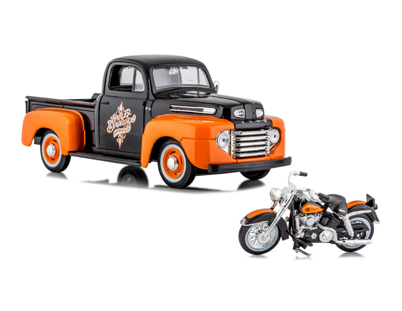 Maisto 1:24 1948 Ford F-1 Pickup & 1958 FLH Duo Glide Harley-Davidson Model Set - Black/Orange