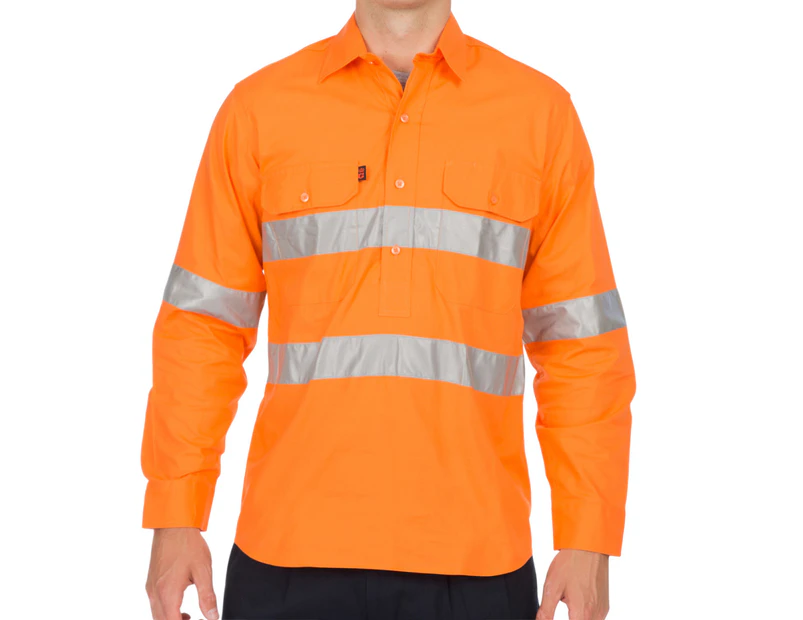 KingGee Men's WorkCool Closed Front Long Sleeve Shirt 'Hoop' Pattern - Orange