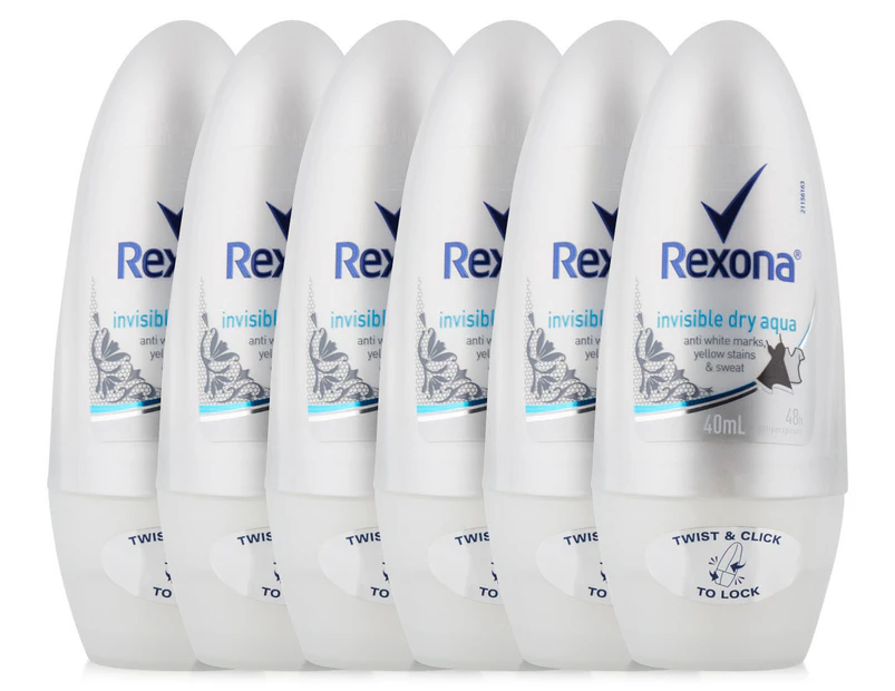 6 x Rexona Women Invisible Dry Roll-On Deodorant Aqua 40mL