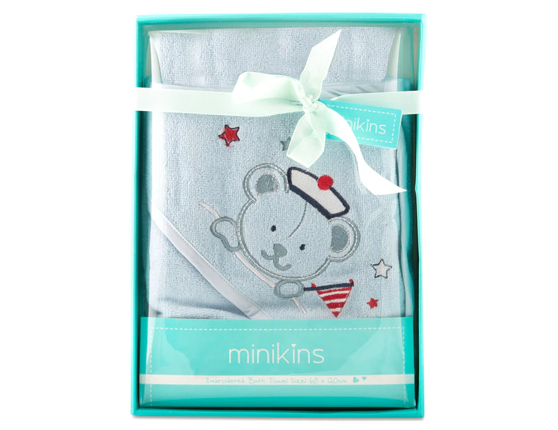 Minikins Baby Sailor Bear Hooded Velour Bath Towel - Blue