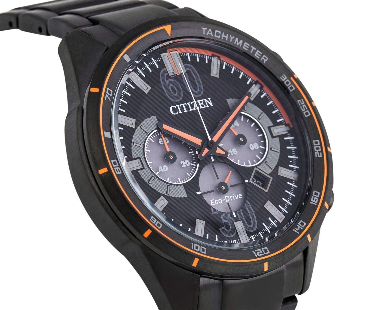 citizen eco drive orange and black chronograph