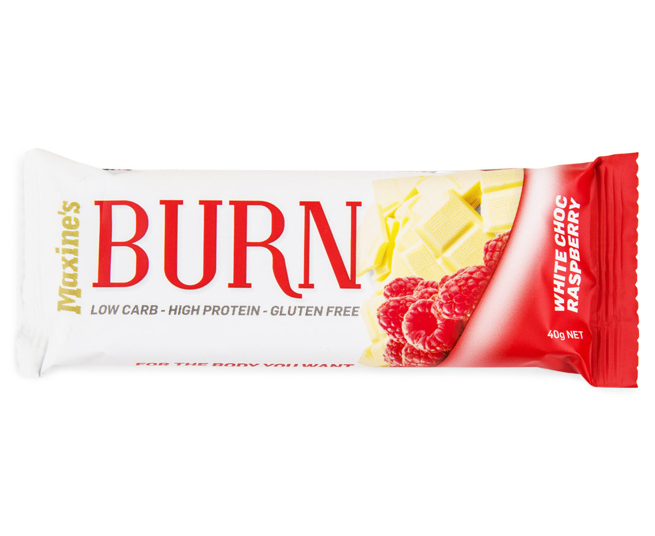 12 x Maxine's Burn Protein Bars White Choc Raspberry 40g