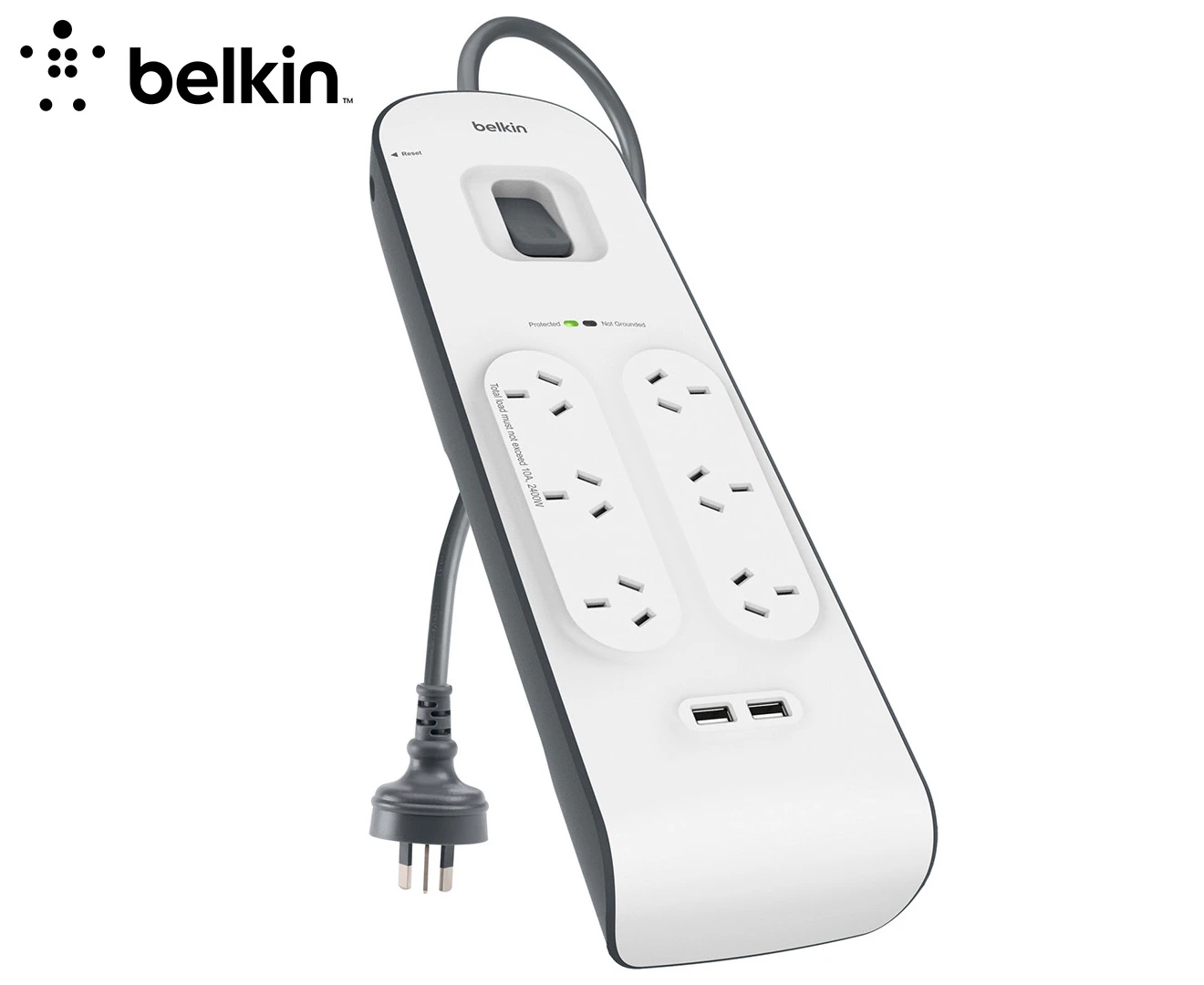 Belkin 6 Way Outlet Surge Protector 2M Power Board 2.4A w 2 USB Ports Charger