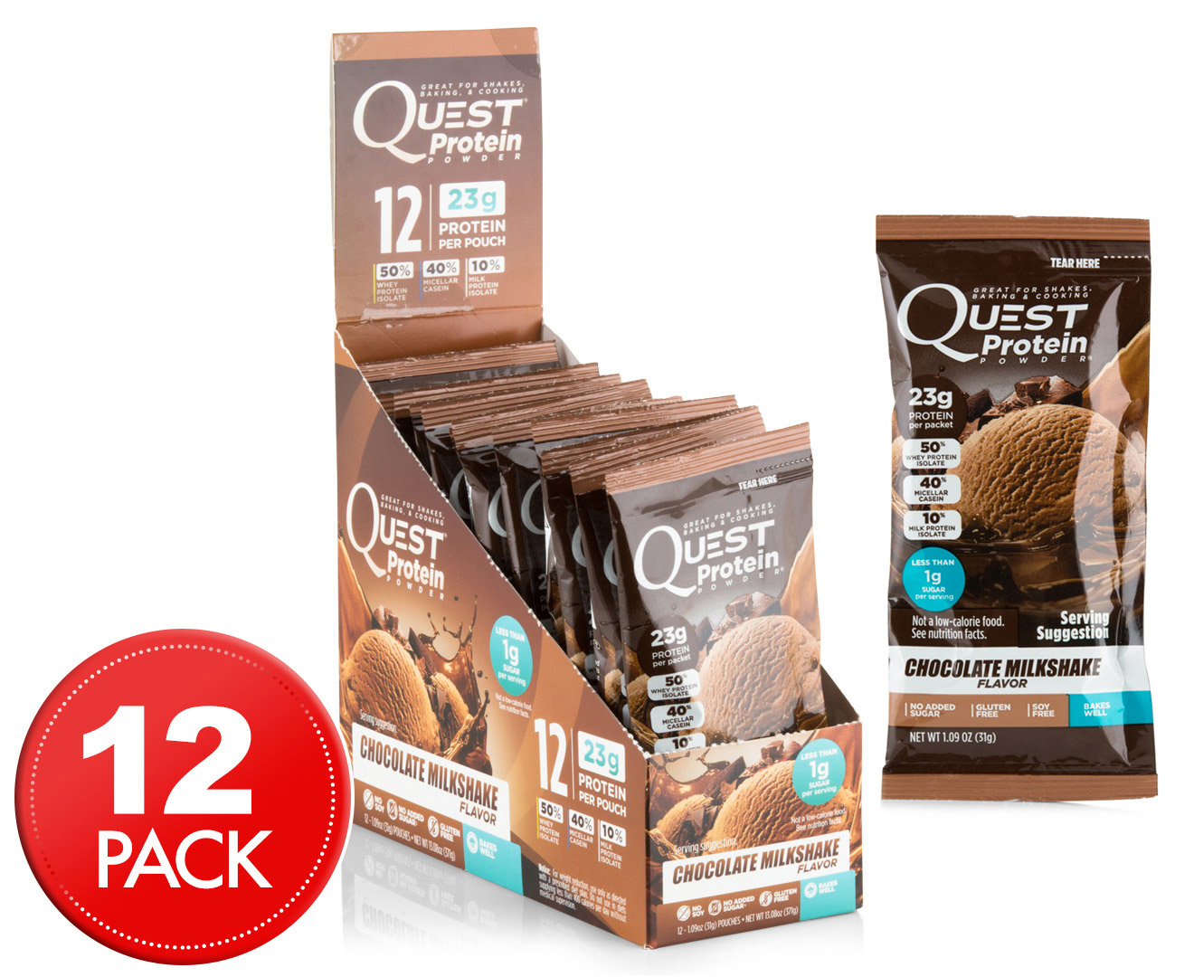 12 X Quest Protein Powder Pouches Choc Milkshake 31g Au