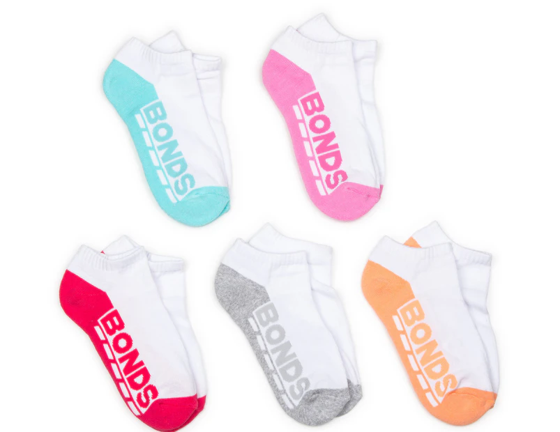 Bonds Girls' Logo Low Cut Socks 5-Pack - White/Multi
