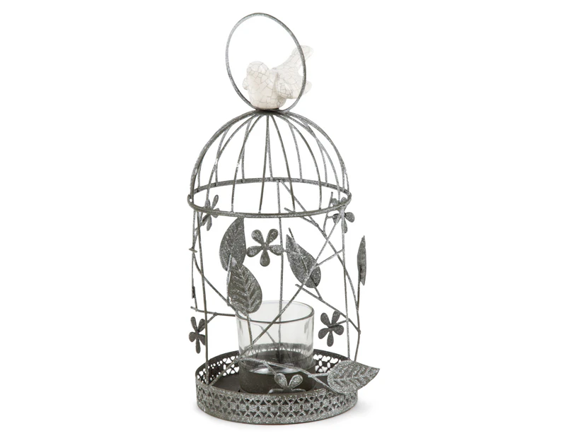 Metal Cage w/ Porcelain Bird Glass Tealight Candleholder - Grey