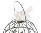 Metal Cage w/ Porcelain Bird Glass Tealight Candleholder - Grey