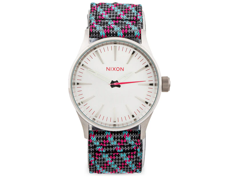 Nixon Men's 38mm Sentry 38 Leather Watch - Silver/Pink/Light Blue Woven