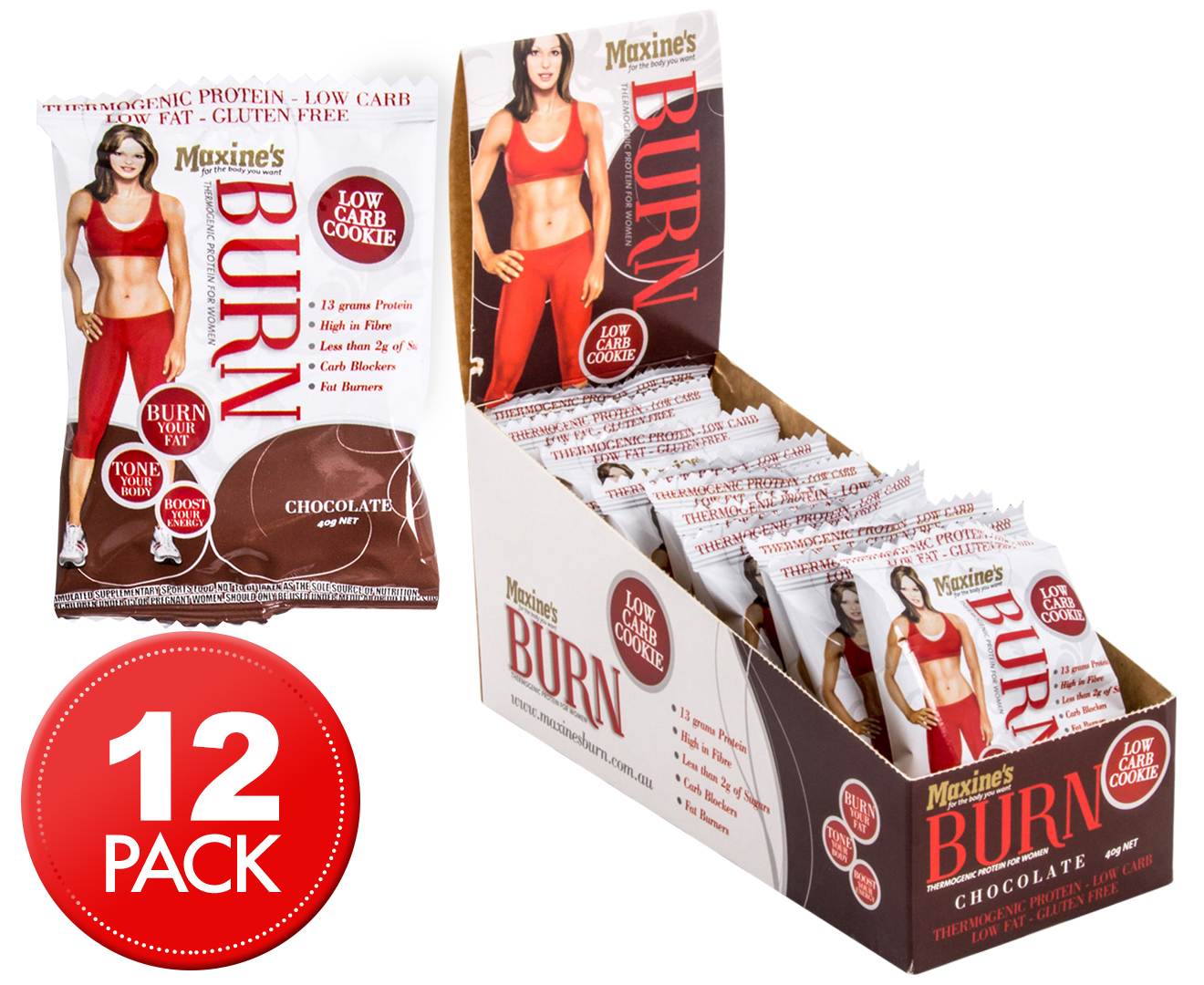 12 X Maxines Burn Low Carb Cookie Choc 40g Au