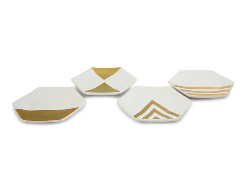 Set of 4 Assorted Luxe Ceramic Hexagon Dishes - White