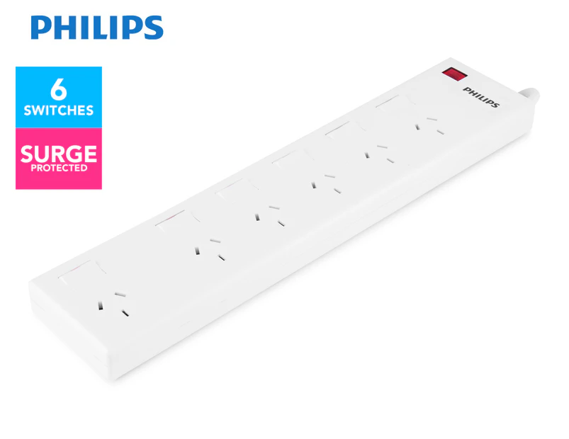Philips 6 Outlet Surge Protected Power Board w/ Switches - White