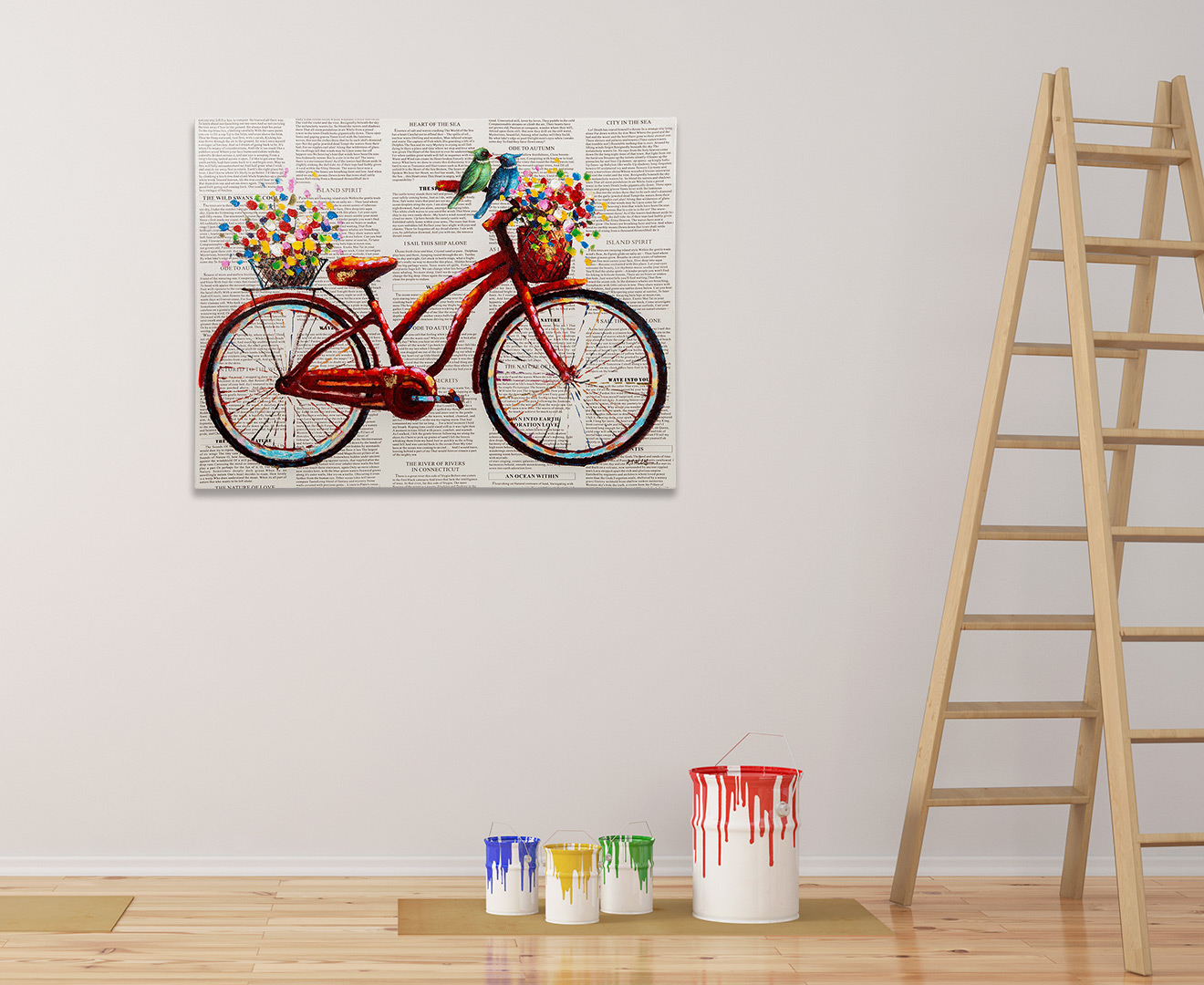Red Bicycle w/ Flowers & Newspaper 80x62cm Oil Painting Canvas Wall Art ...