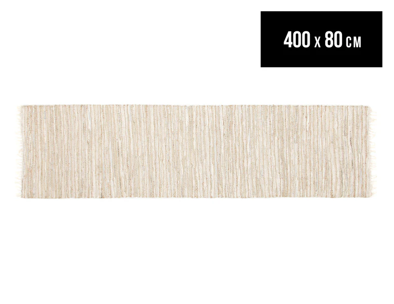 Handmade 400x80cm Leather & Jute Runner - White