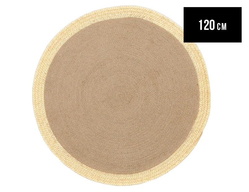 Contemporary 120x120cm Handmade Jute Rug - Natural/Gold Border