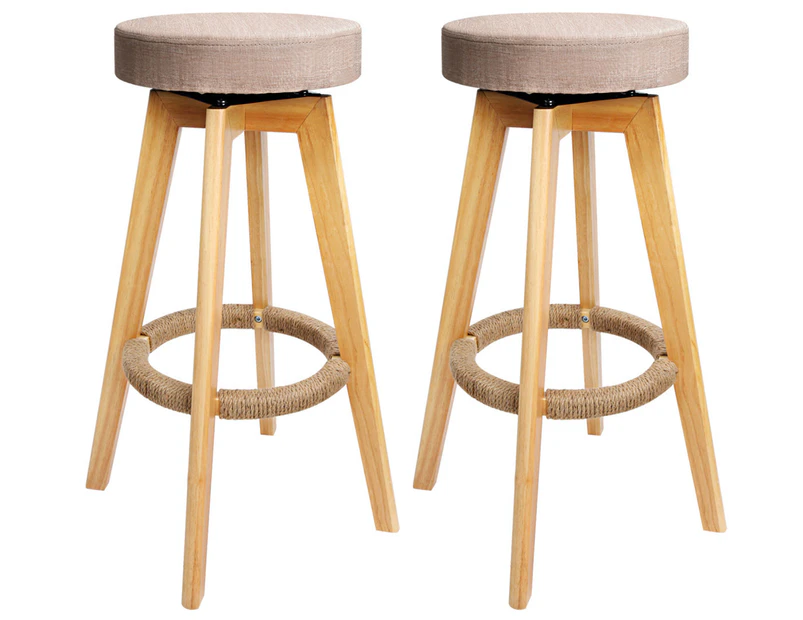 2 x Wooden Padded Fabric Swivel Bar Stools - Taupe
