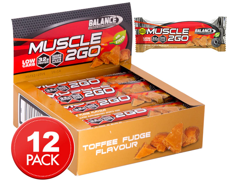 12 x Balance Muscle 2GO Bars Toffee Fudge 90g