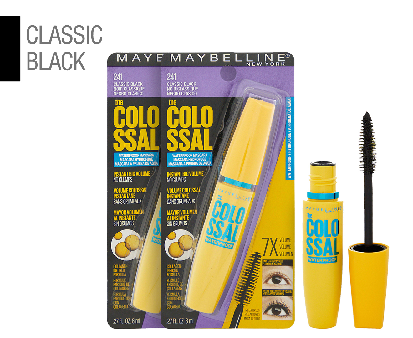 2 X Maybelline The Colossal Waterproof Mascara 8ml Classic Black 7274