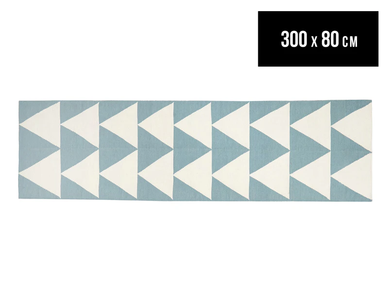 Hannah Pure Wool Flatweave Triangles 300x80cm Small Runner - Blue/White