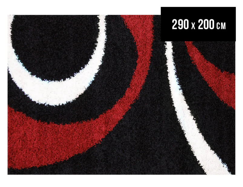 Chicago Shag 290x200cm Gentle Swirl Rug - Black/Red