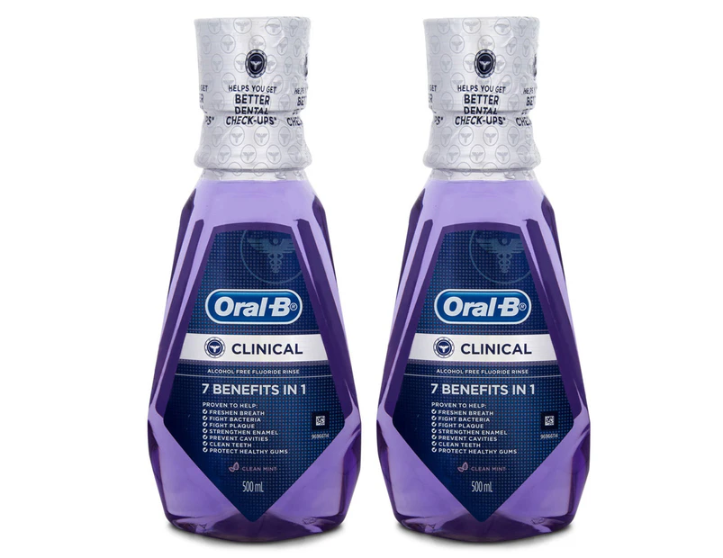 2 x Oral-B Clinical Alcohol Free Fluoride Rinse Clean Mint 500ml