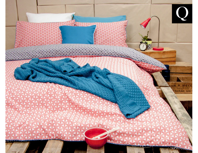 Ardor Peri Reversible Queen Bed Quilt Cover Set - Navy