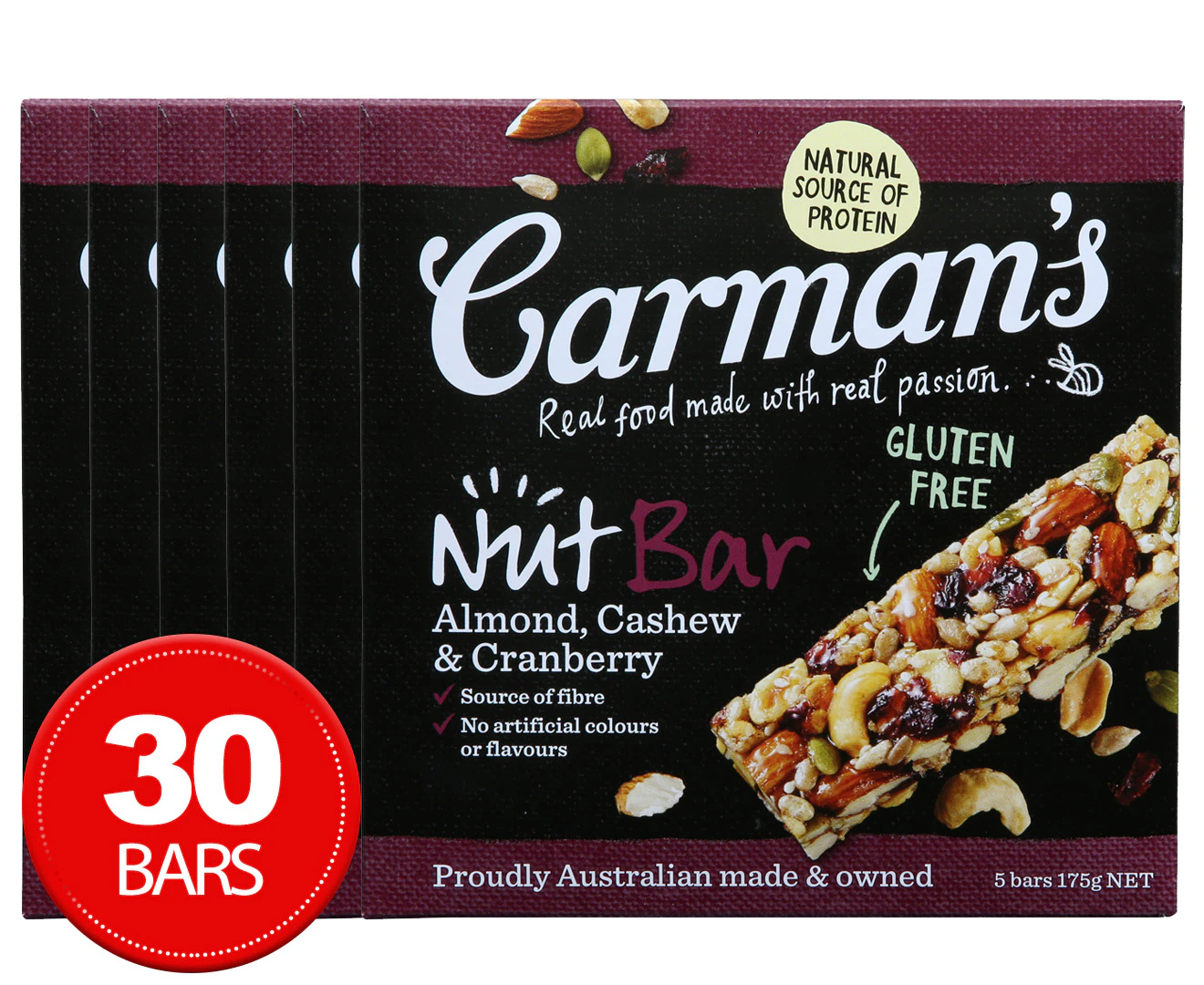 6 x Carman's Almond, Cashew & Cranberry Nut Bars 175g 5pk 