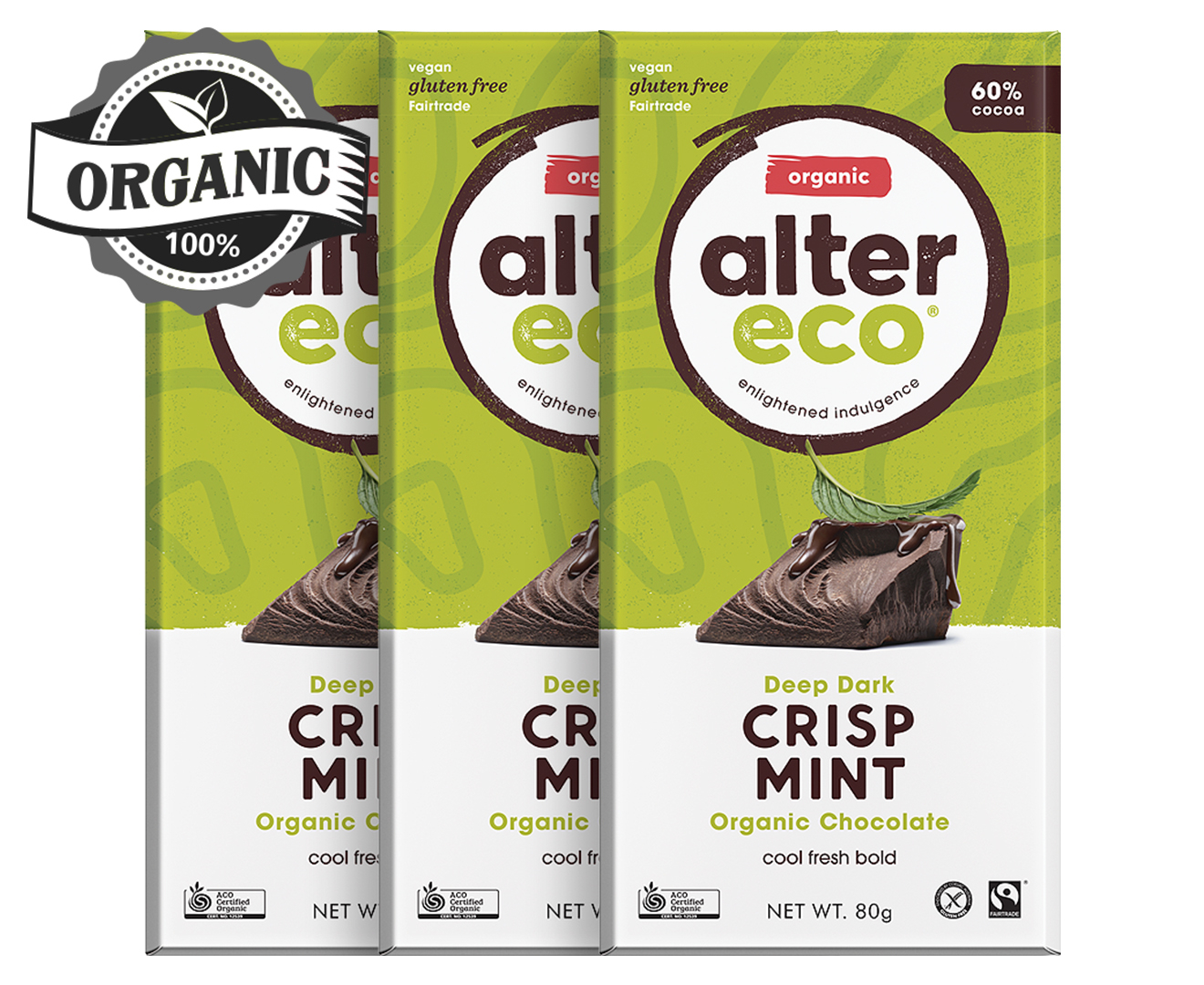 3 x Alter Eco Organic Chocolate Deep Dark Crisp Mint 80g | GroceryRun ...