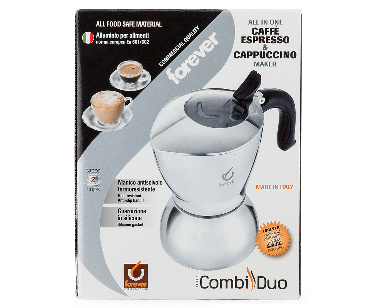 Miss Combi Duo Forever Aluminum 2 Cup Coffee maker all-in-one Silver Italy