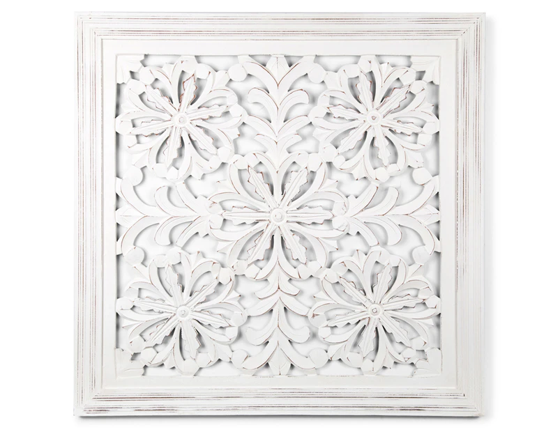 Square Frame 75x75cm Carved Wood Wall Hanging - Brushed White
